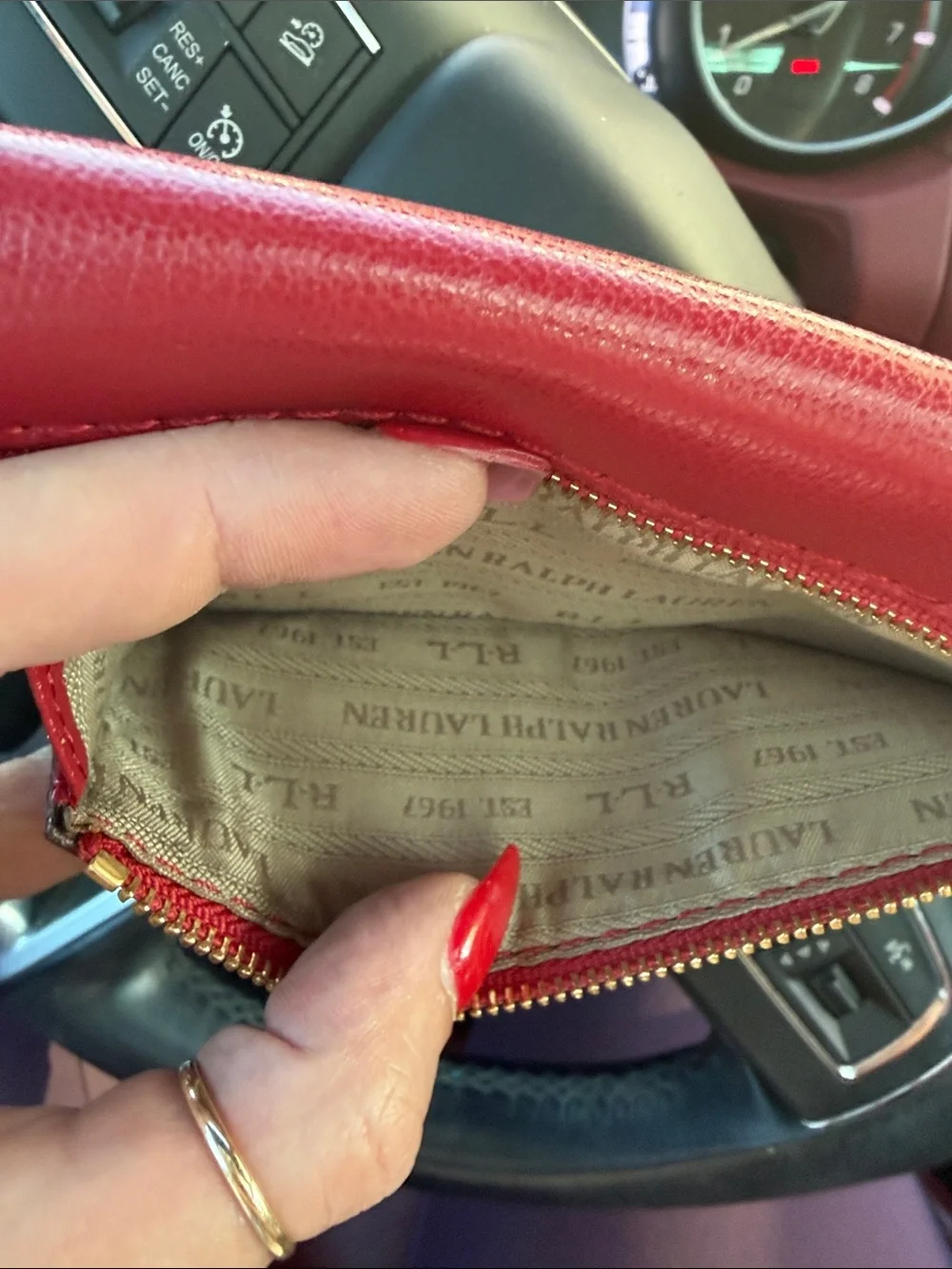 RAULPH LAUREN Red Leather Card Holder wallet with magnetic snap
